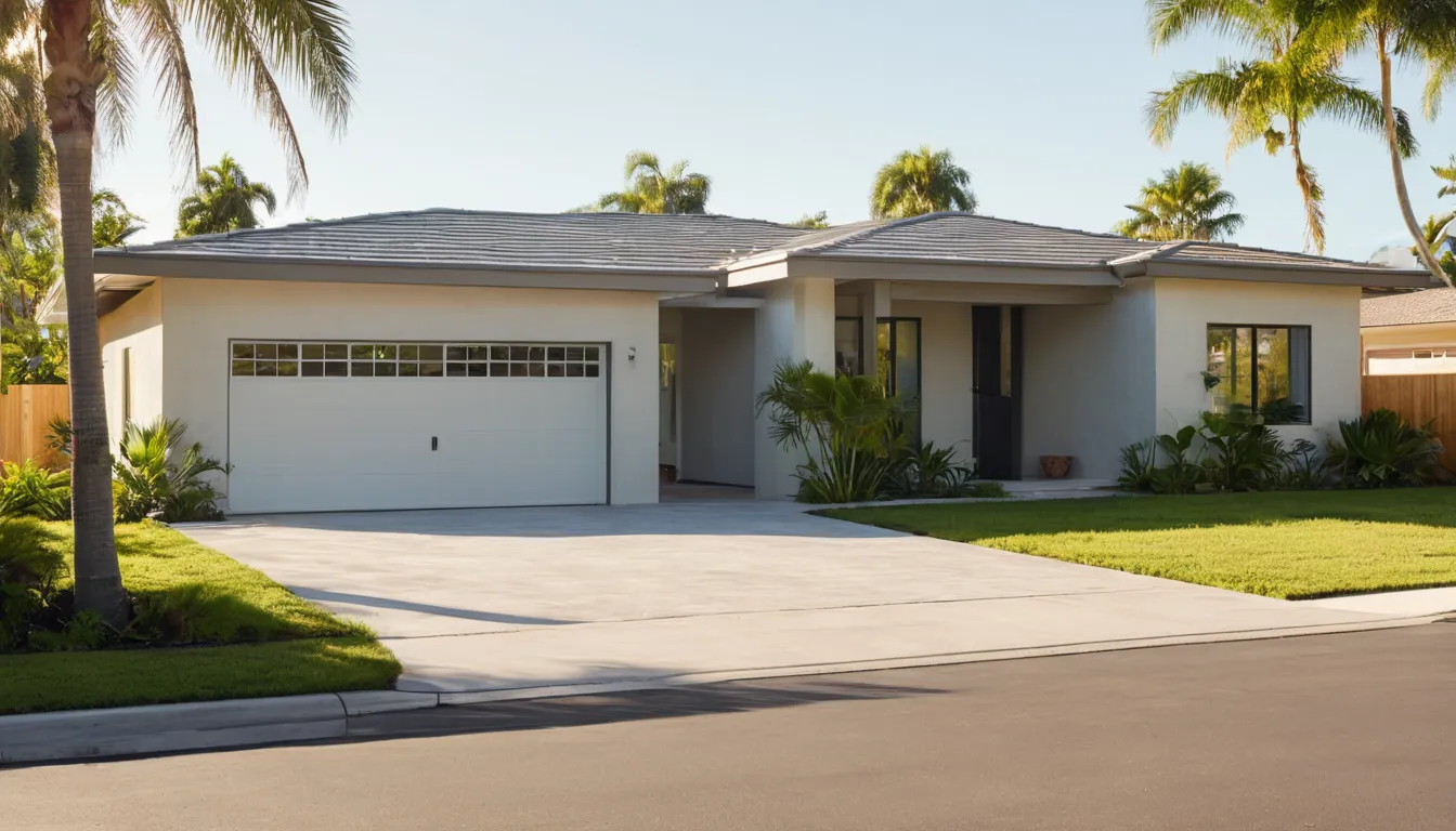 A tidy suburban garage door on a concrete block home in St. Petersburg with palms nearby